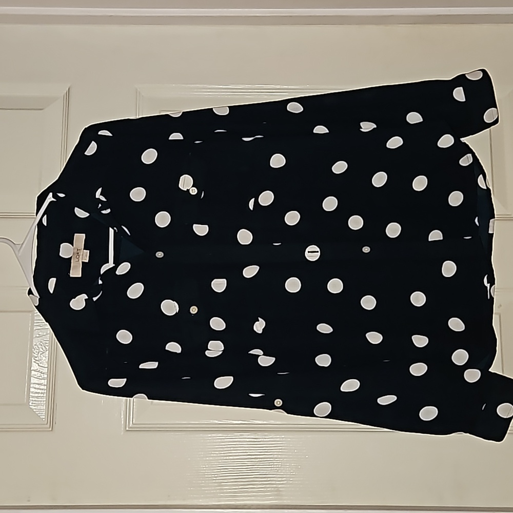 Loft button up navy polka dot blouse